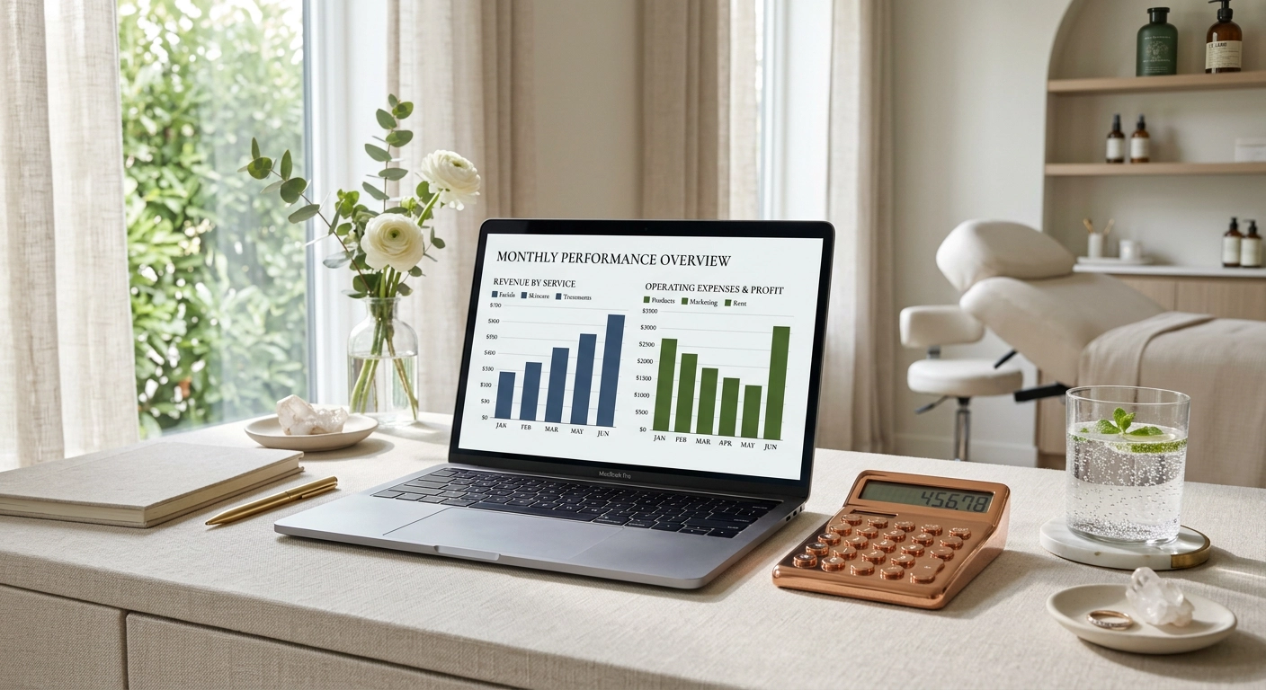 Profit and Precision financial dashboard on a laptop in a luxury esthetician suite with copper calculator and marble desk.