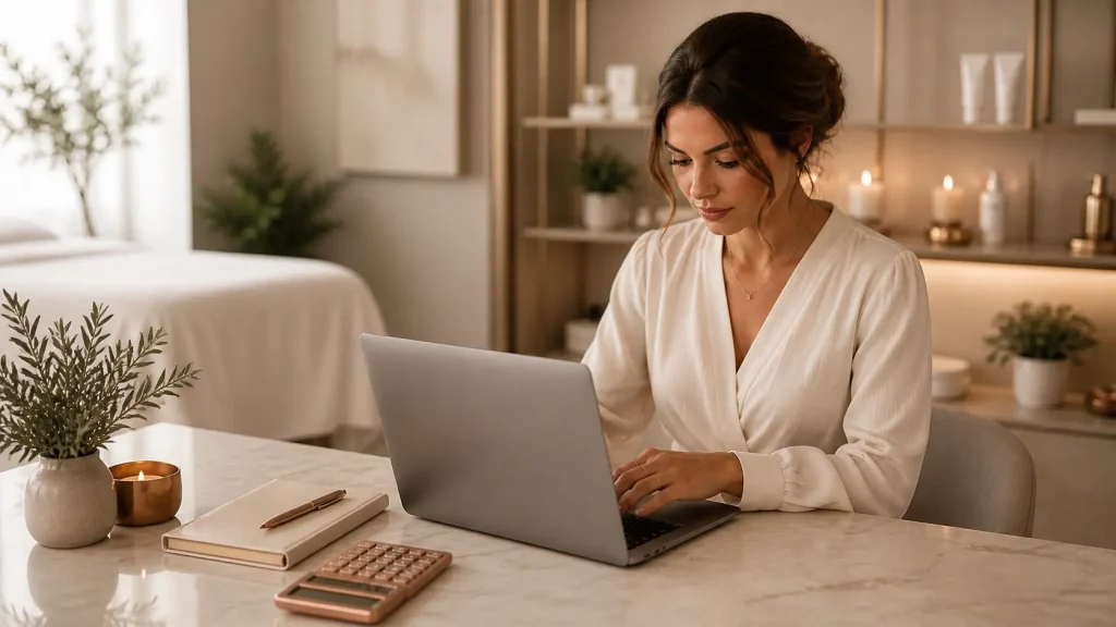Confident solo esthetician reviewing her pricing strategy and financial metrics on a tablet in a modern spa suite.
