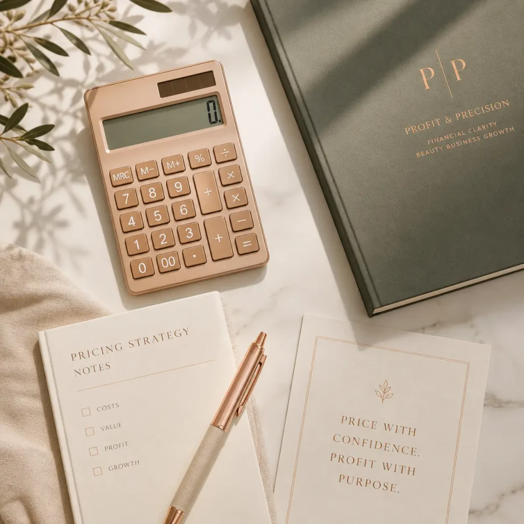 A rose gold calculator and Profit & Precision branded notebooks on a marble surface outlining an esthetician pricing strategy, costs, and profit margins.