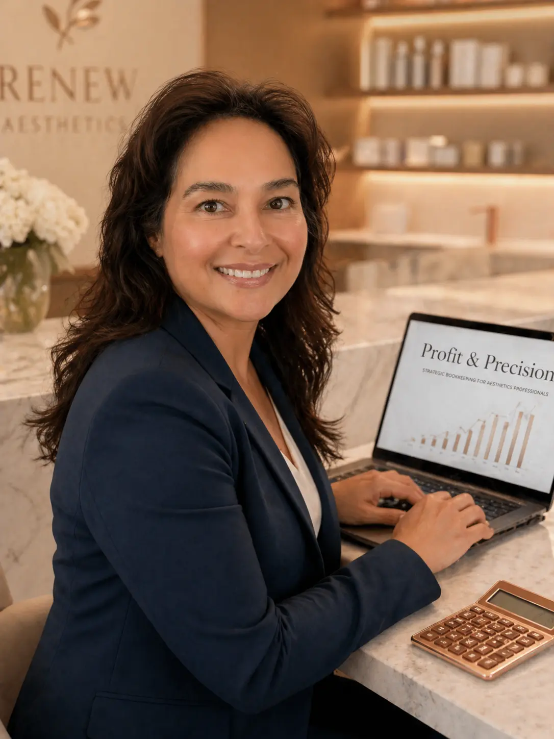 Julie Nacua, CPB, owner of Profit & Precision, working on a laptop showing strategic bookkeeping growth charts for aesthetics professionals.