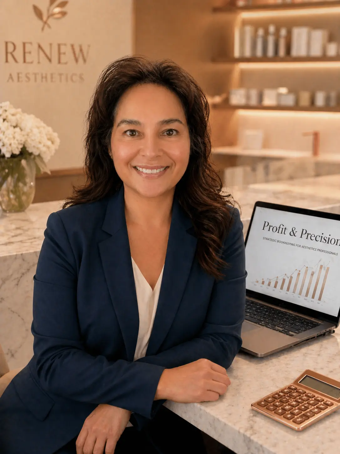 Julie Nacua, CPB, sitting at a marble counter with a laptop showing Profit and Precision financial charts in a luxury aesthetics studio.