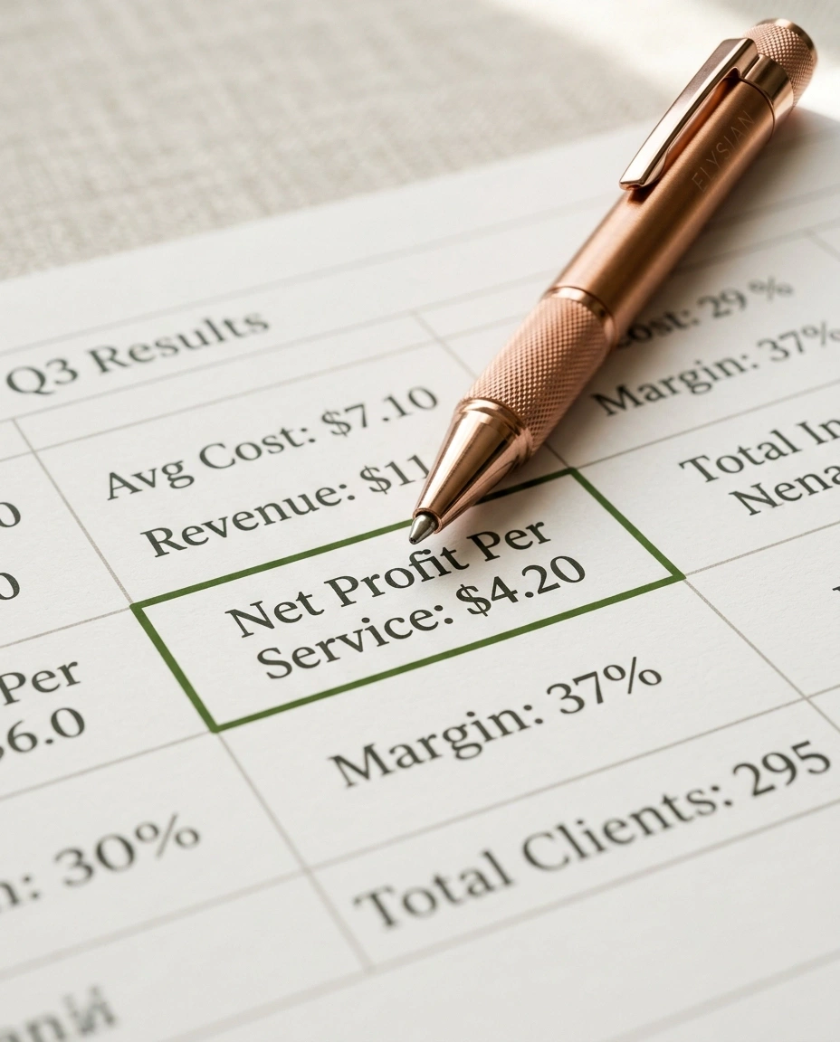 Close-up of a pricing spreadsheet for estheticians showing a four dollar and twenty cent profit margin per facial.