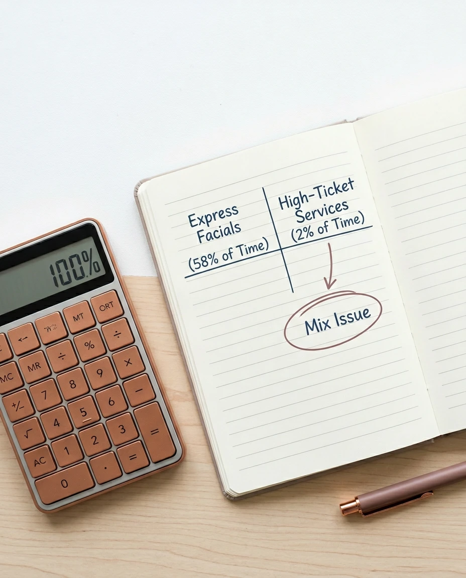 Top-down view of a financial calculator and notebook diagnosing a service mix revenue ceiling for a suite owner.