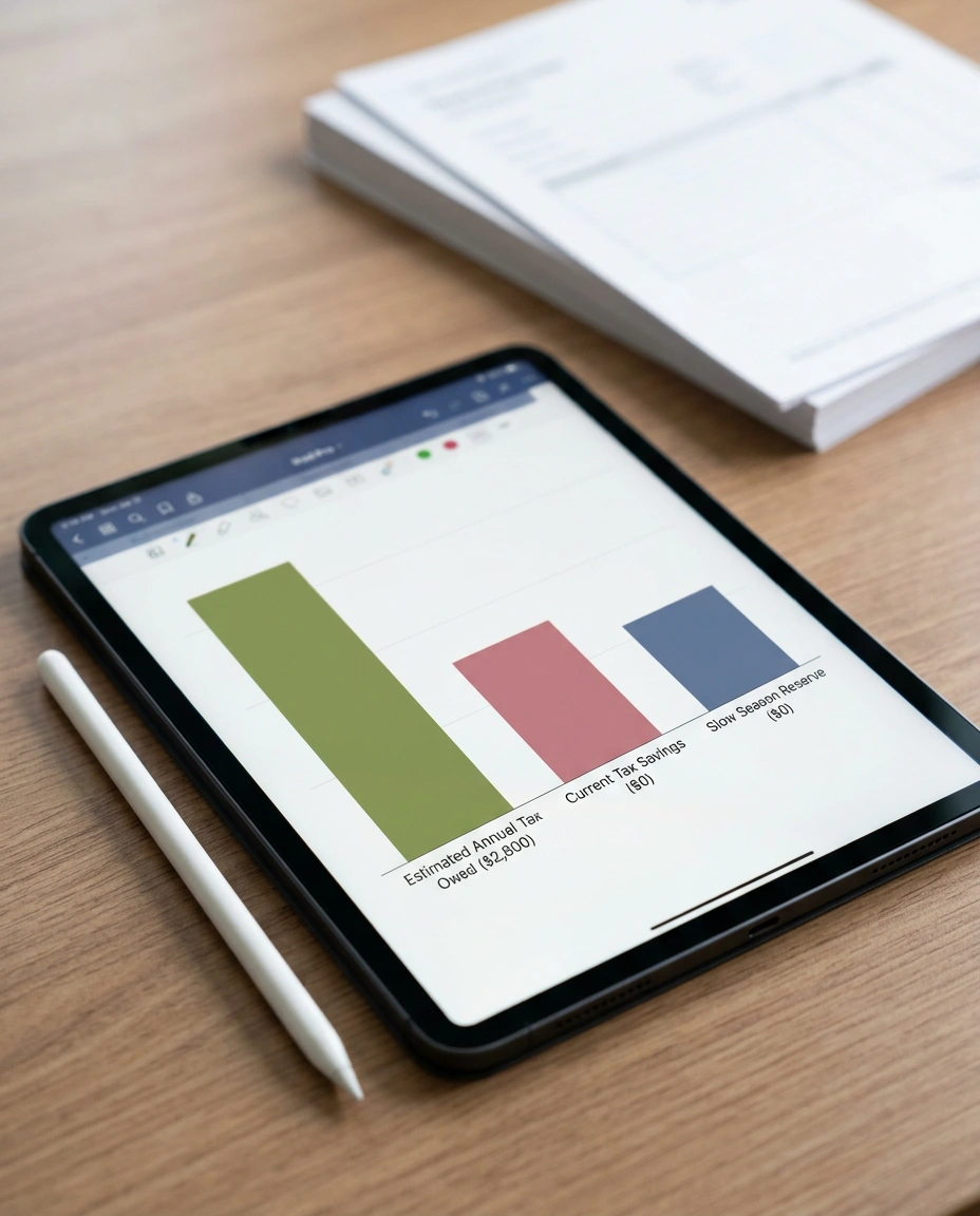 iPad Pro displaying a tax readiness bar chart with estimated annual tax owed and current savings for a solo esthetician.