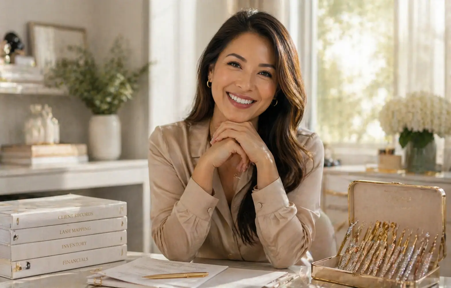 A beauty professional sitting at a desk with organized binders for client records, inventory, and financials, representing the Profit & Precision organizational system.