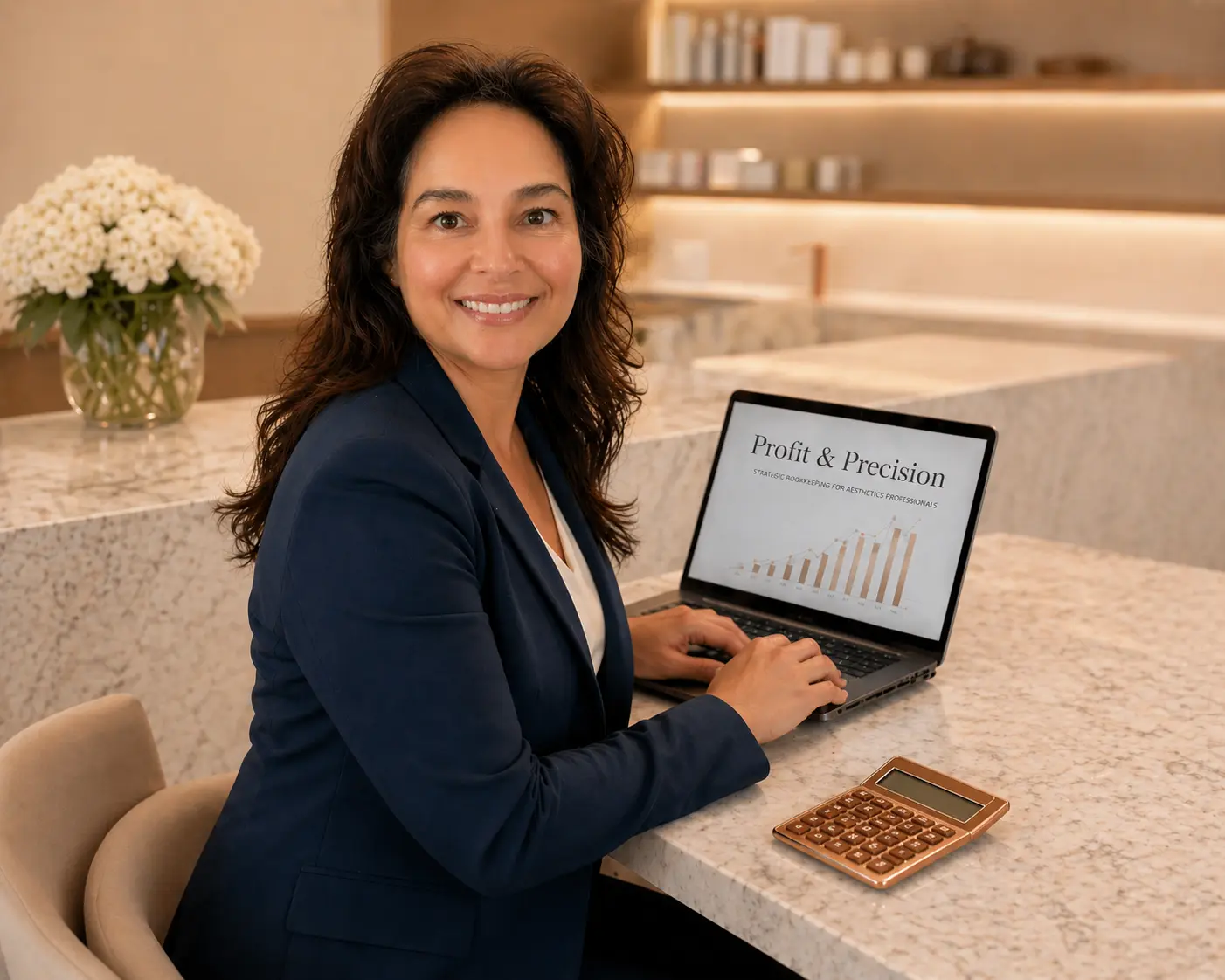 Julie Nacua CPB working on a laptop displaying 'Profit and Precision Strategic Bookkeeping for Aesthetics Professionals' in a studio.